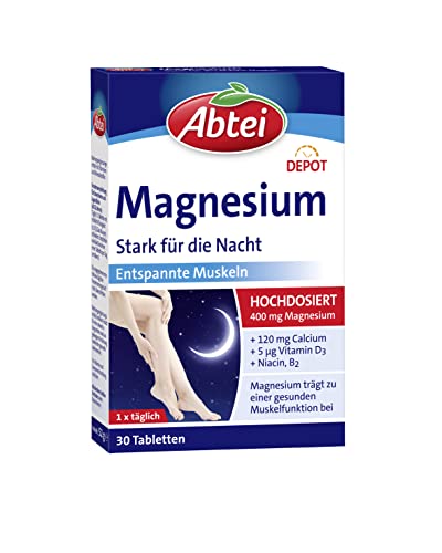 Abtei Magnesium Stark für die Nacht - für entspannte Muskeln während dem Schlaf - Hochdosiert - Glutenfrei, laktosefrei, für Vegetarier geeignet - 30 Tabletten