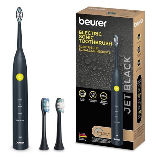 Beurer SC 30 Schallzahnbürste Jet Black, elektrische Zahnbürste mit 4 Putzmodi, 80.000 Schwingungen, mit akustischem Quadranten-Timer & LED-Anzeige, inkl. 2 Aufsteckbürsten, 100% recyceltes Gehäuse