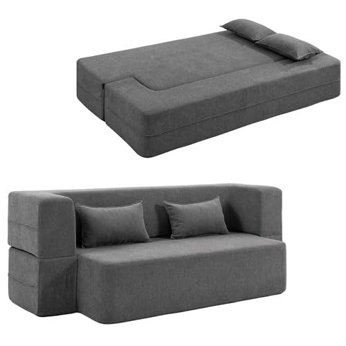 HOMCOM 2-Sitzer-Schlafsofa Bodensofa, Schlafcouch mit Breiten Armlehnen, 2 Kissen und hochdichtem Schaumstoff, weiches Chenille für Wohnzimmer 360 kg Belastbarkeit, Grau