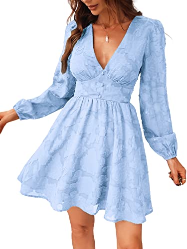 CUPSHE Damen Kleid Spitzenkleid V Ausschnitt Knöpfen Langarm Floral Spitze A Linie Freizeitkleider Elegant Party Mini Dress Hellblau M
