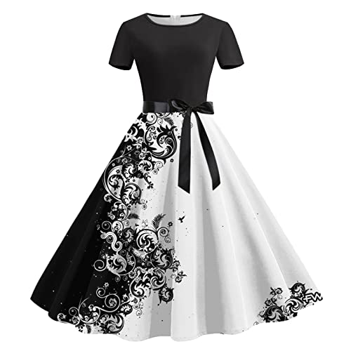 Rockabilly Kleider Damen A-Line Retro-Kleidung Vintage Partykleid Swing Festlich Blumendruck Cocktailkleid Elegant 50er Jahre Petticoat Kleid Ballkleid Kurzarm Hohe Taille Sommer Abendkleid
