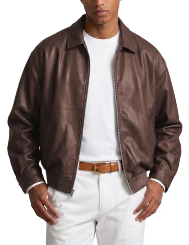 JMIERR Herren Lederjacke 2026 Casual Zip Leder Jacke Loose Fit Dunkelbraun,L