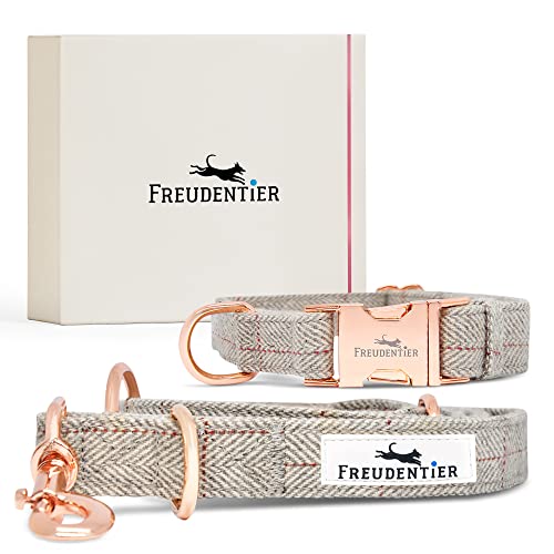 FREUDENTIER Hundehalsband und Hundeleine 2m im eleganten Set - Hundeleine verstellbar - Inkl. Geschenkbox - Für kleine, mittelgroße & große Hunde - Classic Kollektion, Das Original (37-58cm)