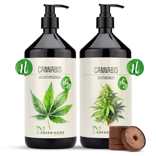 Green Home Hanf- & Cannabis-Dünger Konzentrat Set - 1L Wachstumsdünger, 1L Blütendünger & 5 Quelltöpfe. Für 290L Wasser, Indoor/Outdoor/Autoflower. Ideal NPK-Balance, Mineralische Nährstoffe