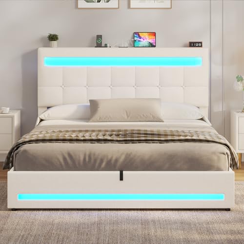AOGLLATI Polsterbett 140 x 200 mit LED Beleuchtung und Ladestation, Bettgestell mit Höhenverstellbares Kopfteil und Stauraum, Hydraulisches Bett 140 x 200 cm,Lattenrost, Linen,Ohne Matratze,Beige