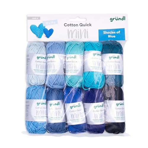 Gründl Wolle Cotton Quick Mini Shades - dünne Wolle zum Häkeln von kleinen Figuren - Glänzend und hautfreundlich - 100% Baumwolle - 10 Miniknäuel 15 g / 37 m - Nadelstärke 3-4 - blau