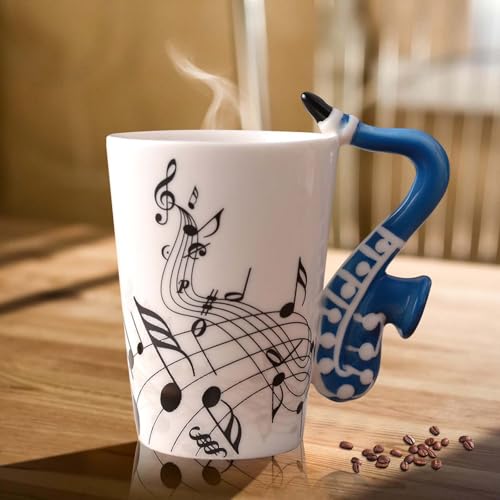 Keramik Kaffeetasse mit Saxophon Henkel, Musik Note Bedruckt Teetasse Geschenk Tasse Keramiktasse Kaffeebecher Für Musiklieber Musik Geschenk, 250ml, Blau