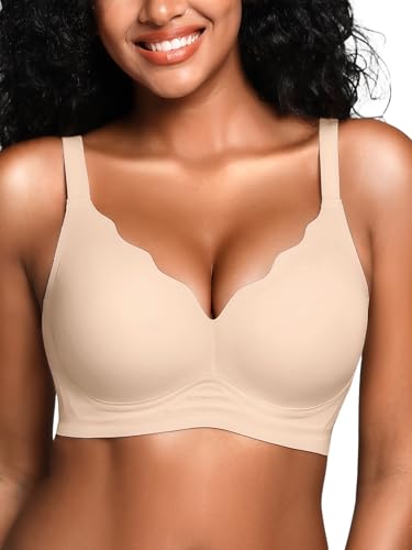BH für Damen ohne Bügel mit Unterstützung, Bequeme Nahtlose Bralettes Gepolstert, Bügelloses Bustier Komfort T-Shirt BHS, Beige, M