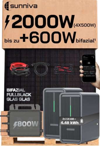 SUNNIVA® 2000W Balkonkraftwerk mit 4,48 kWh Speicher Marstek B2500-D & 800W Wechselrichter, BIFAZIAL FULLBLACK komplett Steckdose, PV Solaranlage Komplettset mit Solarspeicher, 4x 500W N-Type Glas