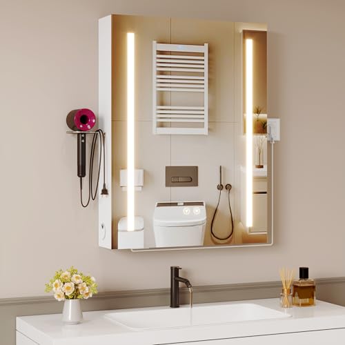 ChromaCasa Spiegelschrank Bad mit Beleuchtung 3-Farbig Dimmbarer & 1AC/2USB-Steckdosen, Badezimmer Spiegelschrank mit Entfeuchtung mit 1 klick & Speicherfunktion für Badezimmer(50x70x15cm,Weiß)