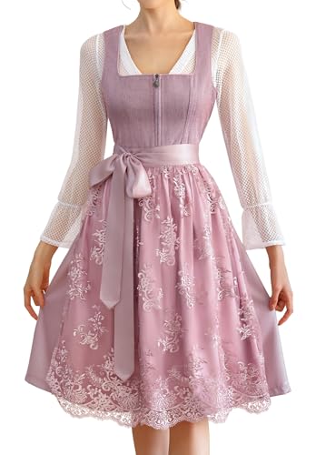 EIISSION Dirndl Damen Trachtenkleid Dirndlkleid midi Tracht Damen Lang Rosa 3 Teilig mit Trachtenrock Langärmel Dirndlbluse Schürze Trachtenmode Trachten Kleid für Oktoberfest 44