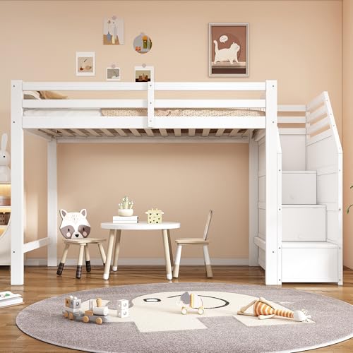 Kebnor Hochbett, 90x200cm, Bett mit Lattenrost (ohne Matratze), Geländer, Verstaubare Stufen, Freier Raum zum Verkleiden nach Belieben, EN747 Zertifiziert, Weiß
