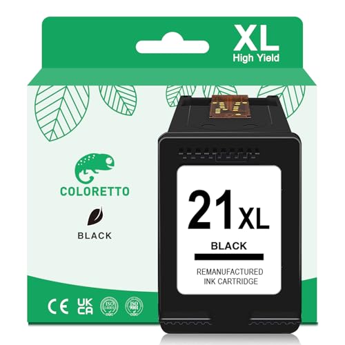 COLORETTO 21 XL Schwarz Wiederaufbereitet Druckerpatronen Kompatibel für HP 21XL Patronen für Deskjet F2120 F2280 F380 F4180 F335 F375 F4190 PSC 1410 1415 Officejet 4315 4355 Druckers