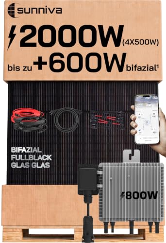 SUNNIVA® 2000W Balkonkraftwerk mit 800W Wechselrichter DEYE, BIFAZIAL FULLBLACK komplett Steckdose, PV Solaranlage Komplettset mit 5 m Anschlusskabel und 4x 2.5m Solarkabel, 4x 500W N-Type Glas