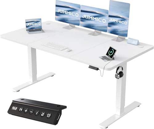 JUMMICO Höhenverstellbarer Schreibtisch mit USB-Ladeanschluss 160 x 70 cm, Schreibtisch Höhenverstellbar Elektrisch, Steh-Sitz Tisch Stehpult Verstellbarer Computertisch,Standing Desk,Weiß