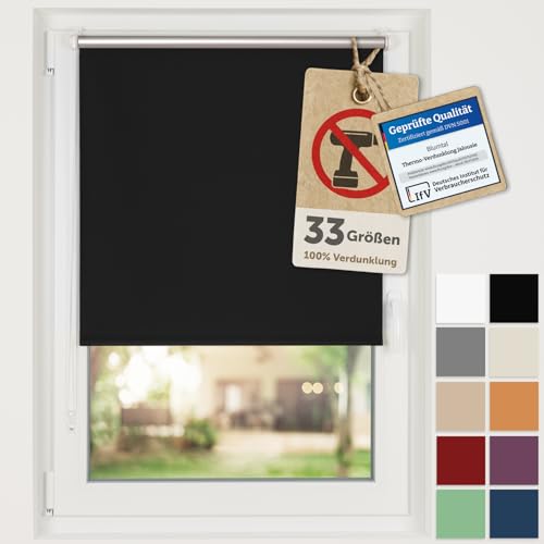 Blumtal Verdunkelungsrollo ohne Bohren 90x130cm - Thermorollo/Verdunklungsrollo 100% Verdunkelung - Klemmrollos für Fenster ohne Bohren - 4-lagiges Rollo UV-beständig - Blackout Blinds Schwarz