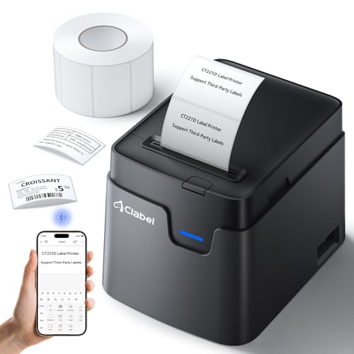 CLABEL 221D Bluetooth Etikettendrucker für Desktop Thermo Etikettiergerät Selbstklebend, Labeldrucker Kompatibel mit PC & Smartphone für Barcode Handel Preis Büro, mit 1 Rolle 50x30mm Etiketten