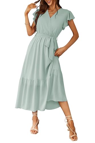 Awemeal Kleid Damen Sommer Elegant V-Ausschnitt Kurzarm Lang Sommerkleid Boho Blumenkleid mit Gürtel Rüschen Saum Wickelkleid Strandkleid A Linie Fließend Maxikleid （L, Grün）