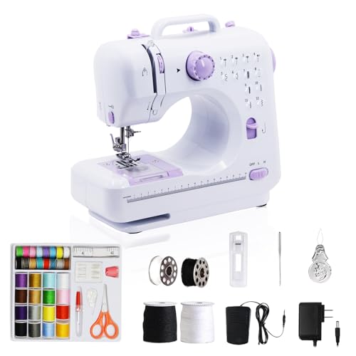 SMOCTAR Nähmaschine für Kinder und Anfänger, Mini Sewing Machine, 12 Stichprogrammen Tragbare Elektrische Nähmaschine, Handnähmaschine Kleine mit LED-Licht mit Fußpedal & Nähset (Lila-2)