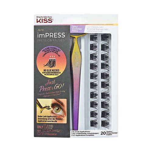 KISS imPRESS Falsies Press On Lashes Selbstklebende Wimpern 1-Step, Glam Volume, Schwarz, Kein Kleber erforderlich, Wimpernverlängerung DIY, 20 Wimpernbüschel und Applikator – Spiky
