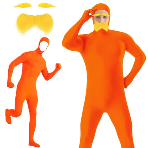 Orangener Ganzkörperanzug, Faschings Kostüm Herren, 2 Teiliges Faschings Kostüm Inklusive 1 Ganzkörperanzug Orange + 1 Gelber Schnurrbart und Augenbrauen, Faschingskostüm für Halloween Karneval Party