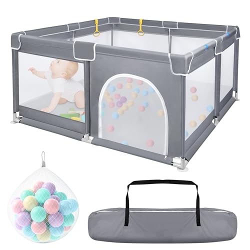 Froadp Baby Laufstall, Faltbare Kinder Laufgitter & -ställe, Babyzaun Absperrgitter mit Atmungsaktivem Netz und 50 Kugeln, Mobile Krabbeln Playpens,Bällebad für Kinder Baby,Dunkelgrau,127x127x68cm