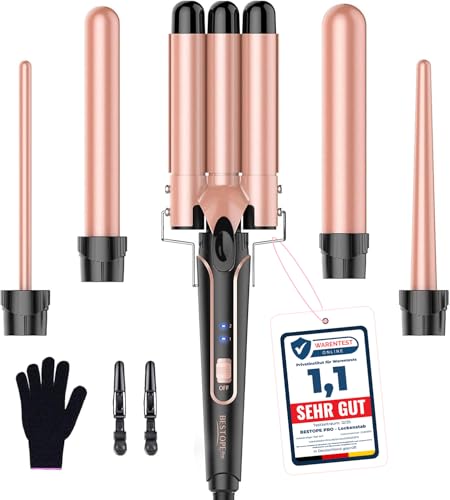 BESTOPE PRO Lockenstab Lockenstäbe 3 Fässer Welleneisen 5 in 1– Lockenstab Set 3 Fässer für großer Wellen, Temperatureinstellung, Schnellaufheizung und einem Handschuh, 2 Clips, Roségold