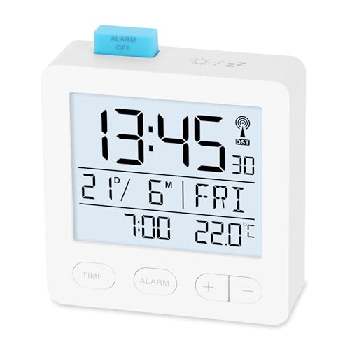 ADE Funkwecker digital mit Batterie | Funkuhr mit Licht | Uhr mit Temperaturanzeige | Reisewecker | mit Thermometer und Datumsanzeige | weiß