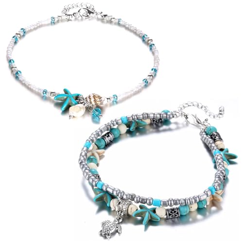 ARHZ Fußkettchen - Doppeldeck Fusskette Für Frauen, Böhmen Fußkette, Seestern Meeresschildkröte Perlen Fußkettchen, Strandaccessoires Für Damen Und Mädchen