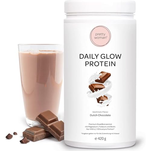 pretty woman® Daily Glow Eiweiss Protein Pulver für Frauen „Dutch Chocolate“ 420 g/Low Carb Shake mit Vitaminen & Mineralien, Biotin & Folsäure - nur 0,5g Zucker pro Portion