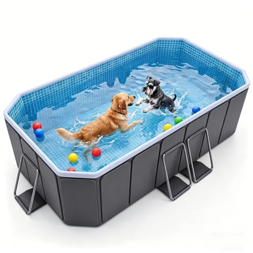 Großer Hundepool für große Hunde, Außengröße 200 x 135 x 50 cm, Faltbarer Hartseitiger Planschbecken mit Stahlrahmen, nicht aufblasbares Haustierschwimmbad, einfacher Abfluss, Filteranschluss, Grau