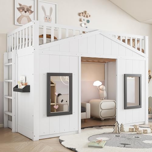 Kinderbett Etagenbett 90x200, Hausbett Hochbett mit Fenster & Regal, Bettgestell mit Rausfallschutz und Lattenrost, Funktionsbett Stockbett Spielbett Jugendhochbett, Kiefernholz, Ohne Matratze, Weiß