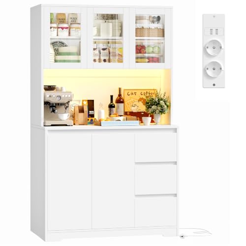 FirFurd Küchenschrank mit LED & Steckdosenleiste, Buffetschrank Weiß