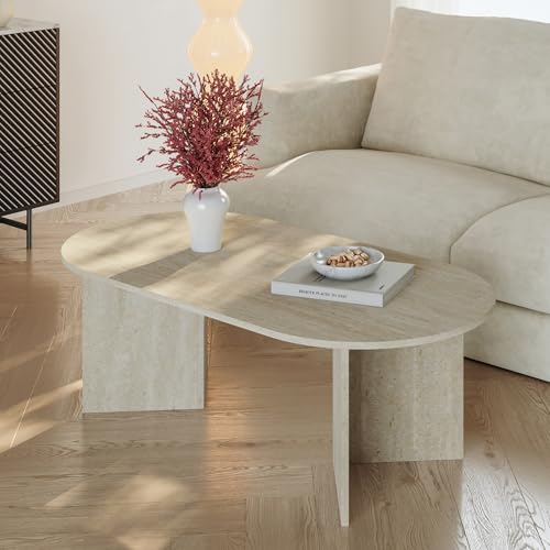 [en.casa] Couchtisch Kynd Wohnzimmertisch 119 x 60 x 40 cm Sofatisch Beistelltisch mit ovaler Tischplatte Kaffeetisch Travertin