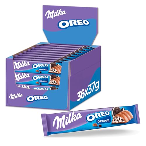 Milka Schokoriegel – 36 x 37 g – Alpenmilch-Schokolade mit Kakaokeks-Stücken und feiner Milchcrèmefüllung