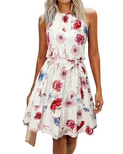 Newshows Sommerkleid Damen Knielang Elegant Kleid Neckholder Sommer Ärmellos Freizeitkleider mit Taschen(Floral-4, S)