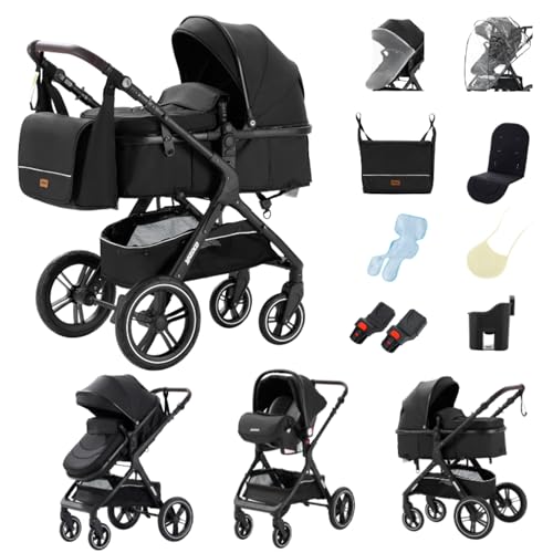 YAZOCO kinderwagen 3 in 1 Buggy Babybett Komplett Set Einem Klick Zusammenklappbarer Kinderwagen, KombiKinderwagen Aluminiumrahmen für Neugeborene (1 schwarz)