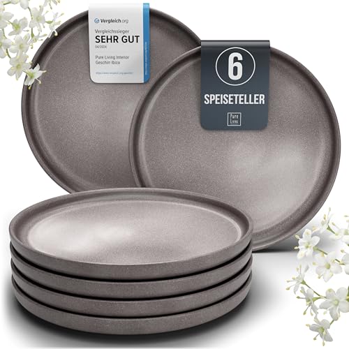 Steingut Teller groß 6 Pers. Hochwertiges Urban Style TEST SEHR GUT Speiseteller Set - Spülmaschinen-, Mikrowellen- und Kratzfest - Stylisches Essteller Set - Pure Living in matt Grau-braun