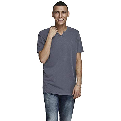 JACK & JONES Herren Basic T-Shirt V-Ausschnitt Kurzarm Jersey Baumwolle Shirt mit Knöpfen JJESPLIT, Farben:Navy, Größe:L