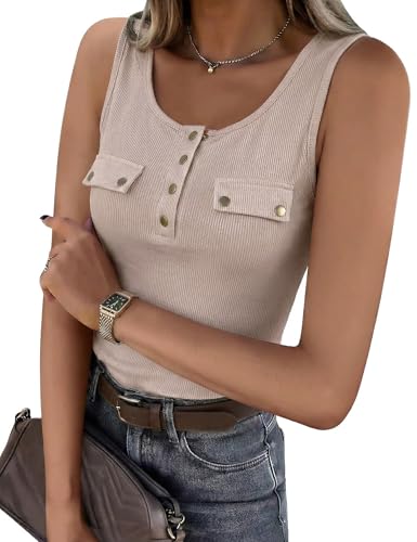 Gyabnw Tops für Damen Sommer Elegant Oberteil Mit MetallknöPfen Ziertaschen U Ausschnitt Ärmellos Shirt Rippstrick Tanktop Figurbetont Beige