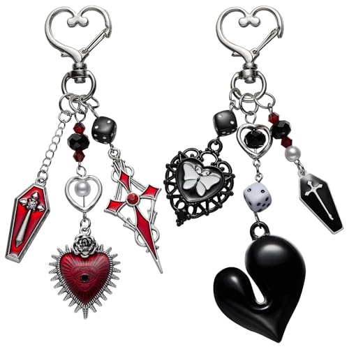 WEWAYSMILE 2 Stück Schlüsselanhänger Set Im Gothic Stil Ästhetische Taschenanhänger Für Frauen Mit Kreuz Sarg Herz Dekorationen Geldbörsenanhänger Für Taschen Rucksäcke Handtaschen