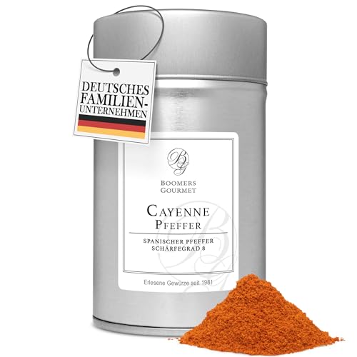 Boomers Gourmet - Cayenne Pfeffer gemahlen, Cayennepfeffer, Cayenne Pepper, Hochwertiger, Scharfer Chili, Ideal für Würzige Gerichte und Marinaden - Gewürzdose 11,5cm - 90g