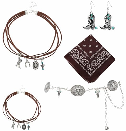 BrKern 5 Stück Western Outfit Damen Zubehör, Cowgirl Kostüm Damen, Halskette Ohrringen Ringen Armbändern, Kleidung Zubehör, Cowgirl Accessoires für Musikfestivals und Cowboy-Partys