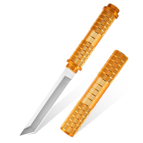 Gdekls Outdoor Messer mit 2 Klingenoptionen, Hochwertige Edelstahlklinge 58-60HRC, CNC-gefertigter Goldener Aluminiumgriff, Kompakt für Camping, Wandern & Alltagseinsatz (Spitze Schneide)