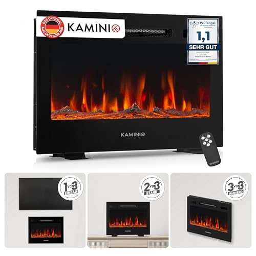KAMINIO® Marlon PRO 24 Elektrokamin mit Heizung [Stand, Einbau & Wand] | 3-in-1, elektrischer Kamin mit LED-Kaminfeuer in 12 Farben, Timer, Thermostat & Fernbedienung, inkl. Zubehör, schwarz