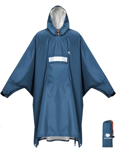 ANYOO Wasserdichter Regenponcho Winddichter Regenmantel mit Seitlichem Reißverschluss, Leichter Regenjacke mit Verstellbaren Ärmeln für Outdoor Wandern Radfahren, Einheitsgröße, Meerblau