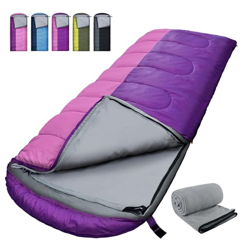 WKFAMOUT XL Schlafsack Outdoor mit Fleecefutter Schlafsäcke Erwachsene Maschinenwaschbar Winter Deckenschlafsack mit Kompressionssack für 4 Jahreszeiten Camping Wandern Lila