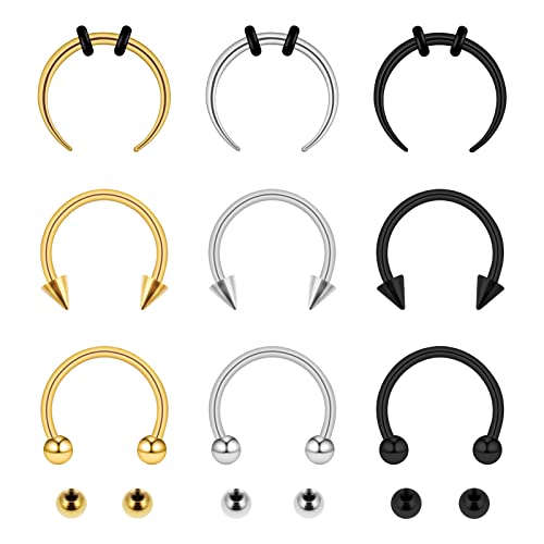 Yolev 9 Stück Hufeisen Septum Piercing Edelstahl Nasenring Piercings Schmuck für Männer Frauen Hufeisen Ohrringe Lippenpiercing Ring Silber Schwarz Gold Zwischenring Schmuck