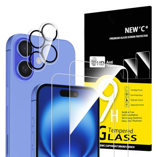 NEW'C für iPhone 16 für Panzerglas 6,1 Zoll (2 Stück) und 2 x Kamera Panzer Schutz für Kameraschutz (2 Stück) -Kratzfest -extrem widerstandsfähig -9H-Härteglas