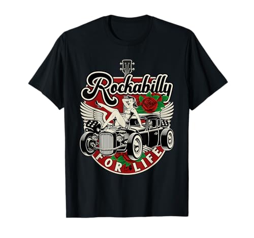Rock 'N' Roll Kleidung u. Geschenke für Rockabilly - Vintage 50s RnR Design - Rockabilly for Life T-Shirt - Schwarz - Unisex - S - V-Ausschnitt - Kurzarm - Casual - Musik - Rockabilly-T-Shirt